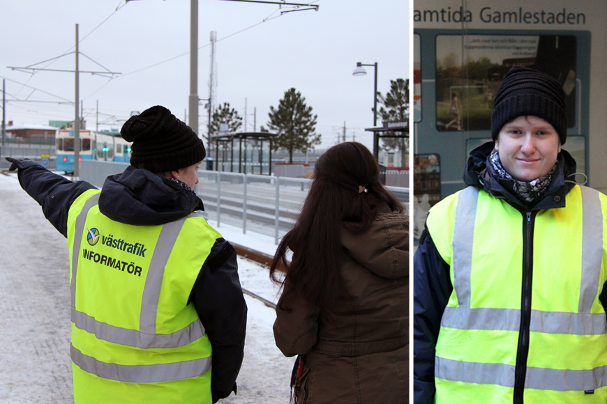 Therese Olsson i arbete med att hjälpa resenärer i Göteborg